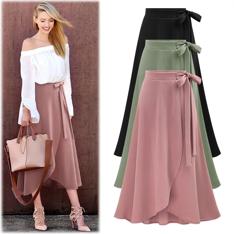 Summer M-6xl High Waist Bowtie Vintage Slit Long Skirt Casual Asymmetric Plus Size Womens Skirts