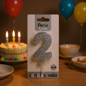 Vela con Número 2 Plateada con Purpurina para Fiestas, 6 cm, Decoración para Pastel de Cumpleaños - Product Image 3