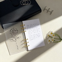 Protège-documents à feuilles mobiles en acrylique transparent rose A6, avec intercalaire rigide rayé pour carnet de notes, et clip de fixation pour pages intérieures à anneaux.