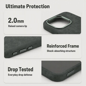 <span class=keywords><strong>Coque</strong></span> de téléphone pour <span class=keywords><strong>iPhone</strong></span> 15 Pro Max, en Alcantara italien véritable, boutons métalliques entièrement recouverts, attraction magnétique, service OEM/ODM - Product Image 4