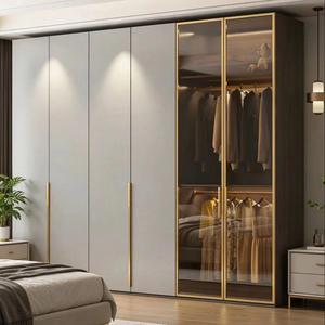 Armoire moderne durable avec porte <span class=keywords><strong>en</strong></span> verre mélaminé et éclairage intégré, facile à assembler pour chambre principale - Product Image 1