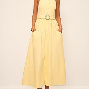 Customizable Vintage Strappy Women's Dress Retro Style Halter Neck Backless Shirt Dress with <b>Belt</b> Maxi Dress - Product Image 4