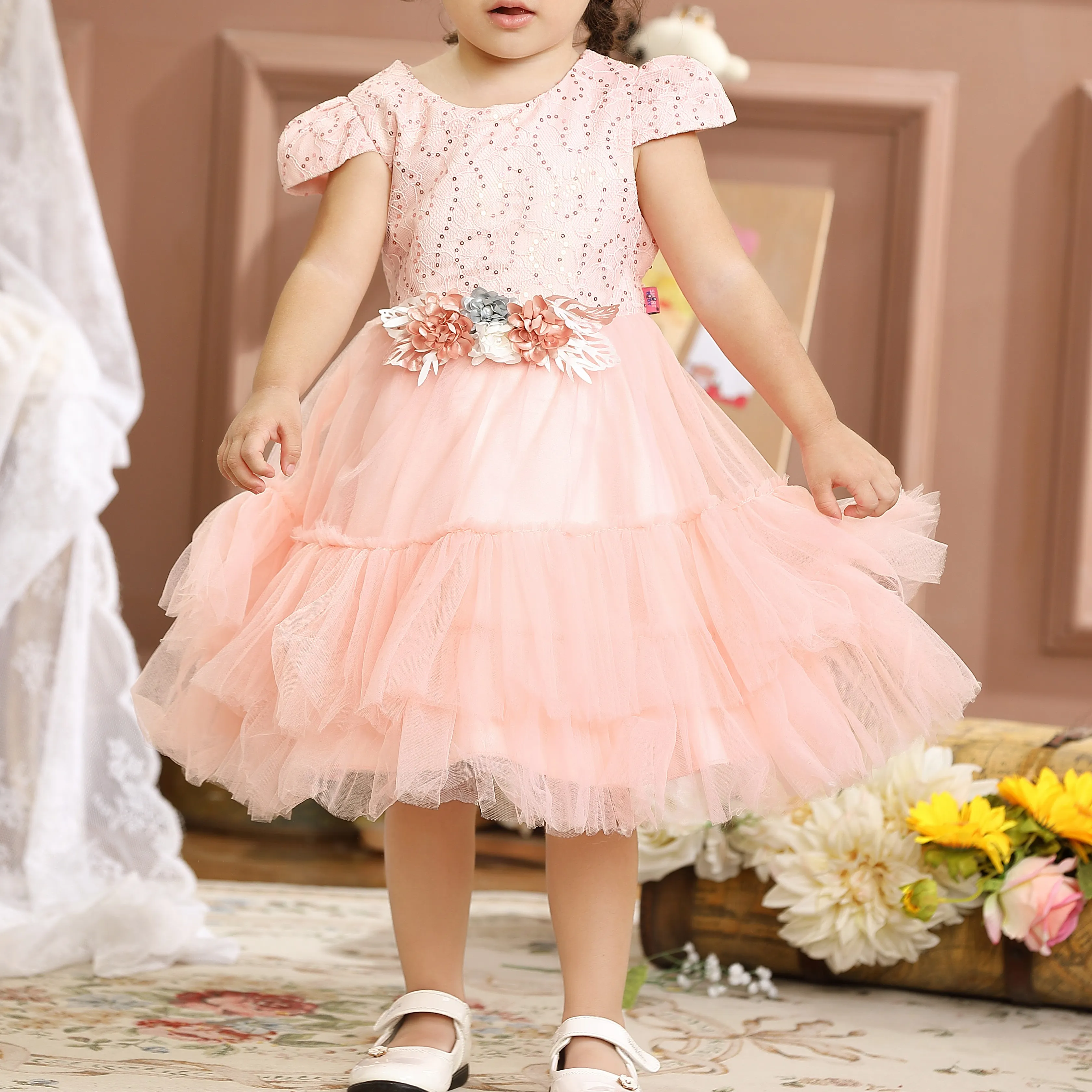 OEM gaun Tutu renda atas produsen pakaian kustom gaun Anak mewah balita anak perempuan pakaian A-Line merah muda