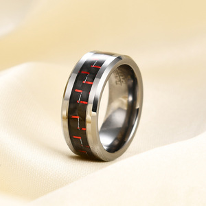 Men's 8mm Carbon Fiber <b>Tungsten</b> Steel Ring Geometric Design Red Inlay Fashion Jewelry Gift - Product Image 1