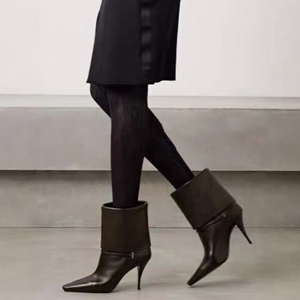 Botines de tacón alto con punta y hebilla metálica para mujer, talla grande 46, de ante con vuelta, estilo botín corto. - Product Image 4