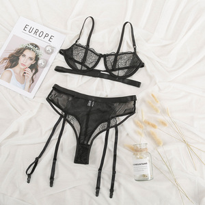 Las nuevas mujeres de encaje de <span class=keywords><strong>3</strong></span> piezas conjunto de liga, ropa interior de encaje de poliéster negro sexy Lencería Liga - Product Image 3