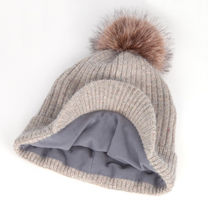 Fabricant d'hiver <span class=keywords><strong>Bonnet</strong></span> à visière en laine angora tricoté personnalisé avec <span class=keywords><strong>pompon</strong></span> en fourrure pour hommes femmes - Product Image 4