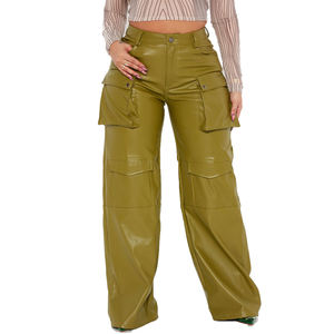 2022 personnalisé femmes taille haute jambe large Faux <span class=keywords><strong>cuir</strong></span> <span class=keywords><strong>pantalon</strong></span> Y2K Streetwear Style <span class=keywords><strong>cuir</strong></span> lavé <span class=keywords><strong>Cargo</strong></span> <span class=keywords><strong>pantalon</strong></span> - Product Image 1