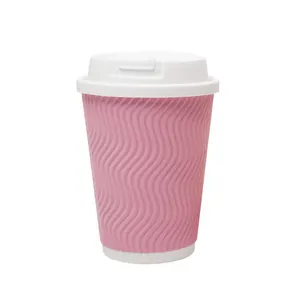 Одноразовые бумажные чашки с двойными стенками, розовые волнистые чашки с логотипом на заказ, бумажные чашки для горячего кофе с крышкой, 6 унций, 8 унций, 12 унций