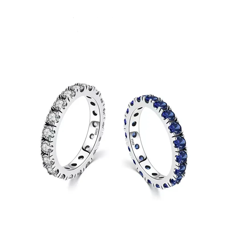 고급 보석 럭셔리 풀 블루 다이아몬드 약혼 반지 925 스털링 실버 얇은 CZ 큐빅 지르코니아 스태킹 손가락 반지