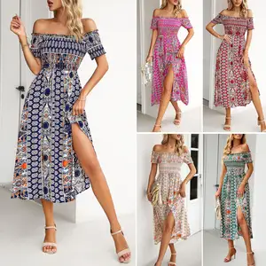 2024 Casual Vintage Women One-Shoulder Bohemian Split Printed Dress Lady Ropa Clothing