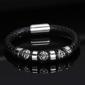 สร้อยข้อมือหนังถักลายหัวสิงโต 9 มม. เงินทิเบต ของขวัญสำหรับทุกเพศ ลายสัตว์สีดำ สร้อยข้อมือแฟชั่นเสริมเสน่ห์ - Product Image 3
