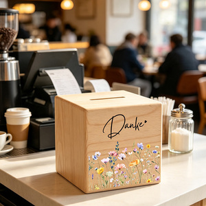 Boîte à dons en bois de pin poncé à la main, motif floral sauvage, avec fente supérieure pour lettres Danke, pour comptoir de café, restaurant, collecte de dons - Product Image 4