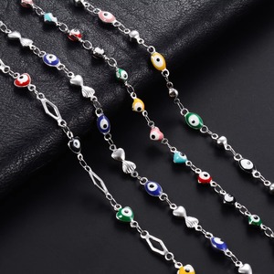 Collana con Occhio Turco in Acciaio Inossidabile con Perline Colorate da <span class=keywords><strong>4</strong></span>/5mm e Fiocco a Cuore, Girocollo e Bracciali in Metallo per Donna - Product Image 1