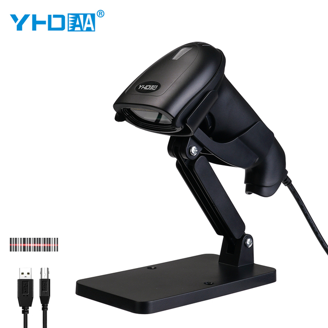 YHDAA High Quality Auto-Sensing Rugged Barcode Reader 1D Laser Usb Barcode Scanner Gun With Adjustable Stand