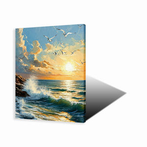 Pintura al Óleo Hecha a Mano: Atardecer Dorado en la <span class=keywords><strong>Costa</strong></span> con Gaviotas, Olas y Luz Cálida, Cuadros Decorativos Únicos para el Hogar - Product Image 1