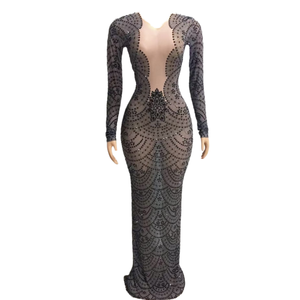 Robe de soirée élégante pour femme, manches longues, traîne, style vintage, grande taille, ornée de cristaux, pour fête, anniversaire, bal de promo, coupe droite - Product Image 1