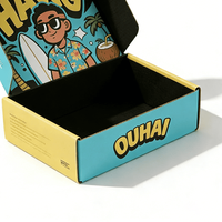 Boîte en carton ondulé bleu et jaune, imprimée avec des dessins de surf, personnalisée, boîte d'expédition personnalisée, solution d'emballage cadeau sur le thème de l'été