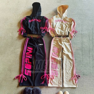 Custom Distressed Two Piece Set Tracksuit <b>Cropped</b> Top <b>Zip</b> <b>up</b> Hoodie and Sweatpants Patch Embroidery Women Sweatsuit Manufacturer - Product Image 1