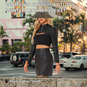 Veste en cuir véritable tendance pour femme, automne-hiver, personnalisable, avec fermeture éclair, teinte unie, col rabattu, manches longues, respirante - Product Image 2