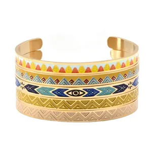 Fashion Bohemian Geometry Enamel Hill Eye Pattern Women Cuff Bracelet Gold Plated Stainless Steel Jewelry Wholesale