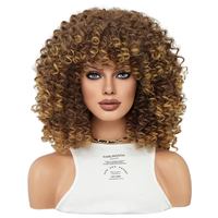 Perruque Afro Bouclée Longue de 18 Pouces avec Frange pour Femmes Noires, Perruque Complète Synthétique Afro Cheveux Crépus Bouclés Ombre Châtain Blond
