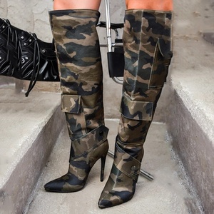 Women's Over Knee High Thin Heels Size 44 Pockets <b>Boots</b> Pointed Toe Camouflage Shoes Stiletto Wide Fit Denim Long Booties - Product Image 3