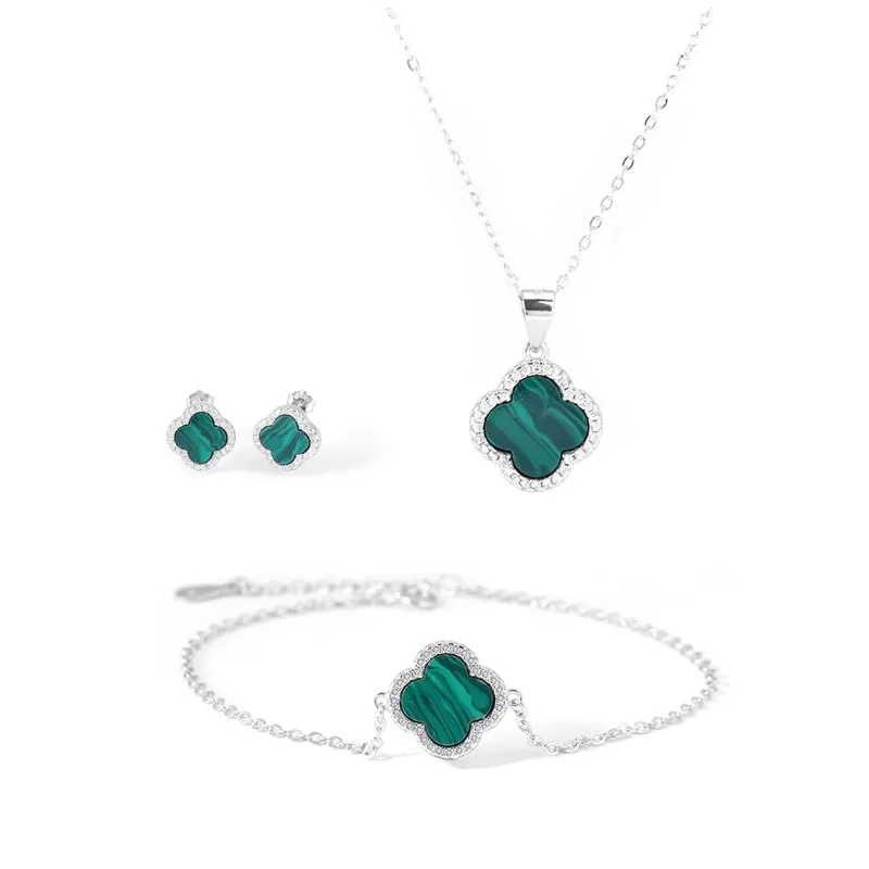 Silver Set 925 Fashion Three-piece Jewelry Set Real 925 Sterling Silver Gemstone Agate Malachite Four-leaf Clover Bracelet Earrings Necklace