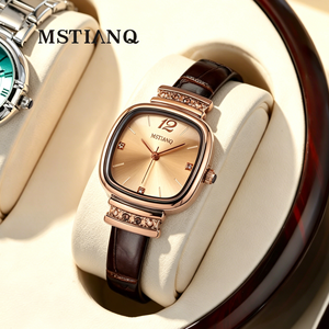 <span class=keywords><strong>Montre</strong></span> à quartz de <span class=keywords><strong>luxe</strong></span> pour <span class=keywords><strong>femme</strong></span> MSTIANQ 0844 en <span class=keywords><strong>or</strong></span> <span class=keywords><strong>rose</strong></span> ornée de diamants, cadran carré, accessoire de poignet avec bracelet en cuir - Product Image 1