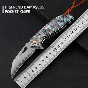 Outdoor Camping Folding Design High End Damascus Pocket Knife With Exquisite Shell Handle Damascus Pocket Knife