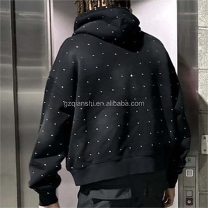 Sweat-shirt en molleton français surdimensionné personnalisable, Hoodie court imprimé, Fabricant de hoodies, Hoodie noir délavé à l'acide avec strass - Product Image 4