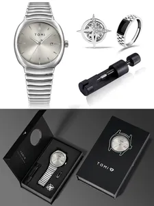 TOMI Minimalist <strong>Watch</strong> <strong>Set</strong> Mirror Polished Silver Dial Stainless Steel Milanese Band Business Casual Style With Bonus Accessories - Product Image 2