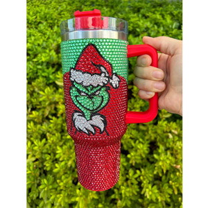 28 Colores, Regalos de Navidad, Vasos Grinches de Acero Inoxidable de 40 oz, Rojos, con Pedrería Brillante, <span class=keywords><strong>Tazas</strong></span> Grinches con Asa - Product Image 1