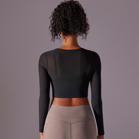 Haut court transparent en maille à manches longues pour femme, idéal pour la gym, le fitness, le yoga, séchage rapide 2026