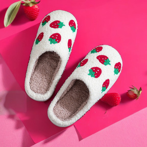 Embroidered Red Strawberry Design Indoor <b>Outdoor</b> Soft Winter Plush for Slippers Comfortable Home Logo New Fruit Pattern for Spri - Product Image 1