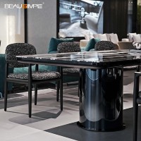 Table à manger moderne de luxe en marbre miroir avec base en acier inoxydable, gravure personnalisable, pour salle à manger de villa, design durable