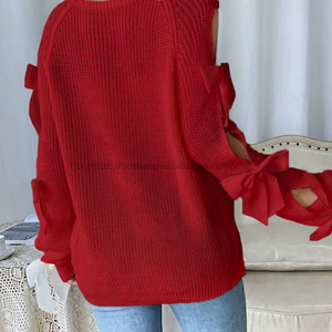 Women's Fall New Arrival Round Neck Bow-Decorated Long Sleeve Loose Knit <b>Pullover</b> <b>Sweater</b> Fashion - Product Image 5