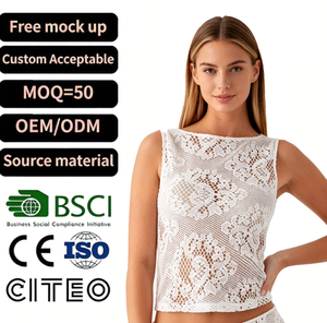 Top de encaje de ganchillo <span class=keywords><strong>blanco</strong></span> personalizado sin mangas para <span class=keywords><strong>mujer</strong></span>, <span class=keywords><strong>chaleco</strong></span> corto de punto con cuello asimétrico, ropa de playa de verano, fabricante OEM ODM - Product Image 1