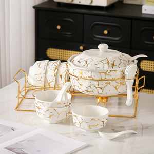Marble Pattern Gold Inlay <b>Ceramic</b> Microwave Safe Soup <b>Pot</b> and Bowl Set Modern Middle Eastern Light Luxury Tableware - Product Image 1