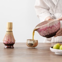 Grand ensemble de bols à matcha en porcelaine à double paroi, cuits au four, motif pastoral, style Dynastie Song, avec brosse à thé et tasse pour le mélange du matcha