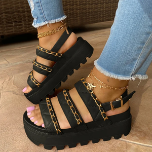 Chaussures de gladiateur d'été à semelle épaisse pour femmes, antidérapantes, à la mode, avec sangle à boucle, chaîne dorée, grande taille 10.5 - Product Image 4