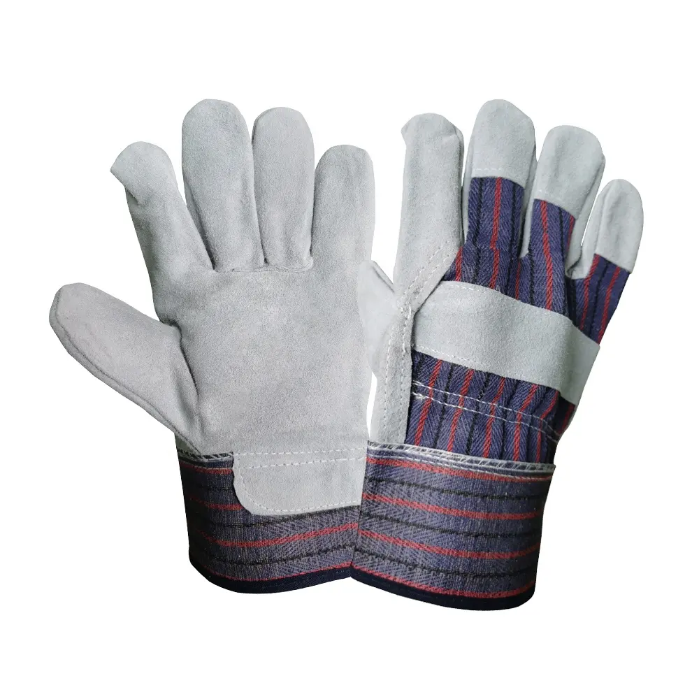 GL1004 Guantes de soldadura de seguridad de cuero dividido de vaca económica Guantes de mano de trabajo con rayas amarillas