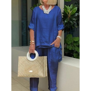 ชุดเซ็ต 2 ชิ้น เสื้อคอกลมสีพื้น กางเกงลำลอง แฟชั่นสำหรับผู้หญิง ฤดูร้อน - Product Image 5