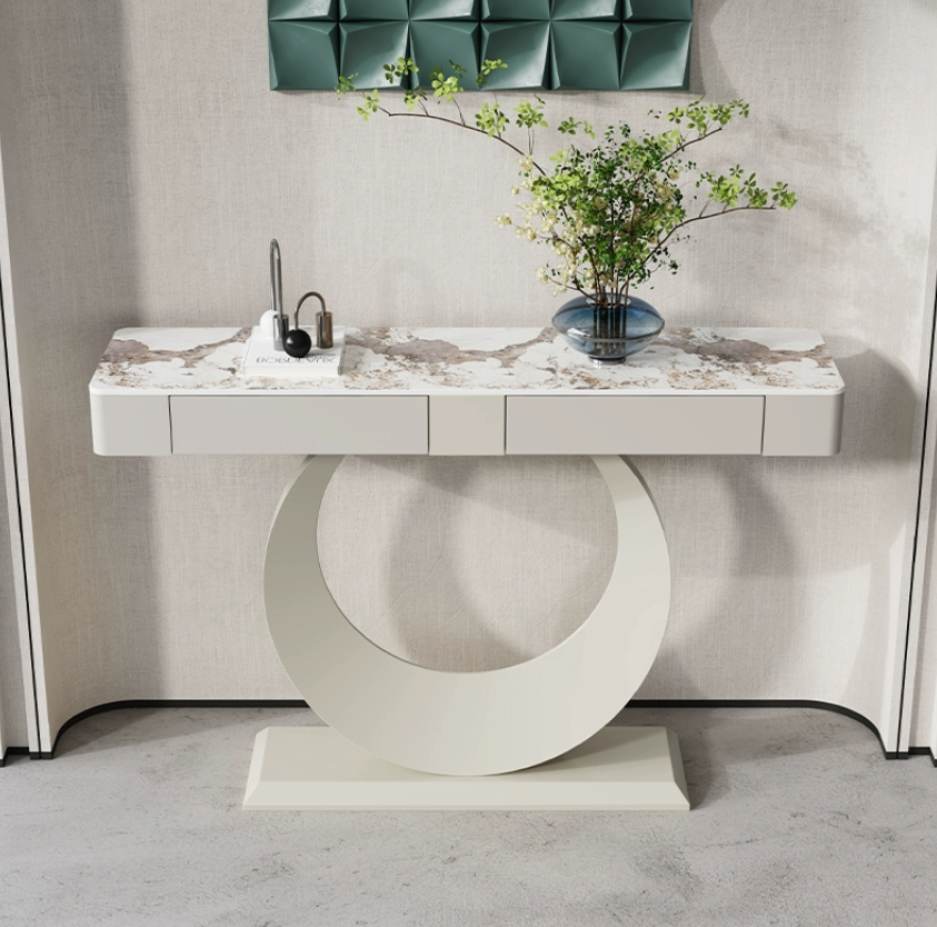 Modern Metal & Wood Console Table with Rock Board Top – Entryway Storage Cabinet with Drawer for Living Room & Home Décor - View 3