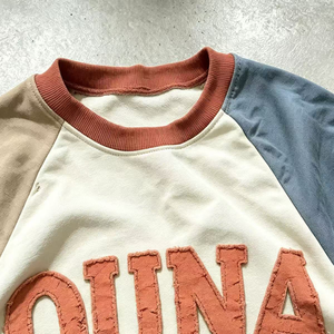 OUNA Custom Vintage Washed Distressed <strong>Long</strong> <strong>Sleeve</strong> Raglan <strong>T</strong> <strong>Shirt</strong> Color Block Applique Heavyweight Cotton <strong>Men</strong> Top - Product Image 2