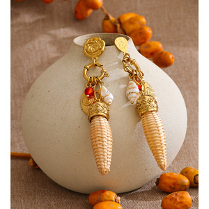 Boucles <span class=keywords><strong>d</strong></span>'oreilles pendantes JINYOU 2078 au design unique, en acier inoxydable, avec breloque œil de coquillage et motif bambou tressé, idéales pour un cadeau - Product Image 4