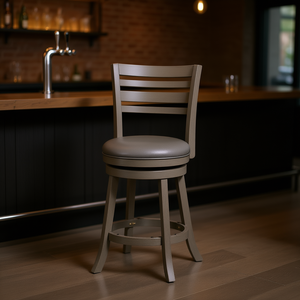 Tabouret de bar gris patiné à hauteur de comptoir avec assise en cuir gris français, dossier à lattes et fonction pivotante - Product Image 2