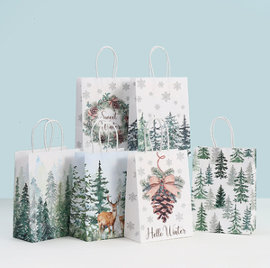 Wholesale winter forest Christmas gift packaging bag holiday gift bag handbag <b>pinecone</b> reindeer wreath kraft paper bag - Product Image 1