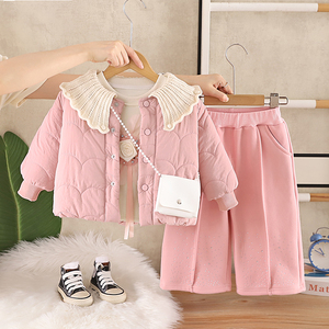 Set Tre Pezzi per <span class=keywords><strong>Bambina</strong></span>, Completo Caldo Autunno-Inverno con Colletto a Volant, Outfit Imbottito Spesso per Bambini, Abbigliamento Casual per Uso Quotidiano e All'aperto - Product Image 3