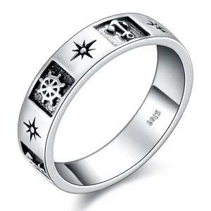 Cincin Pasangan Jangkar Horizontal Perak Murni 925, Perhiasan Modis untuk Wanita Pria